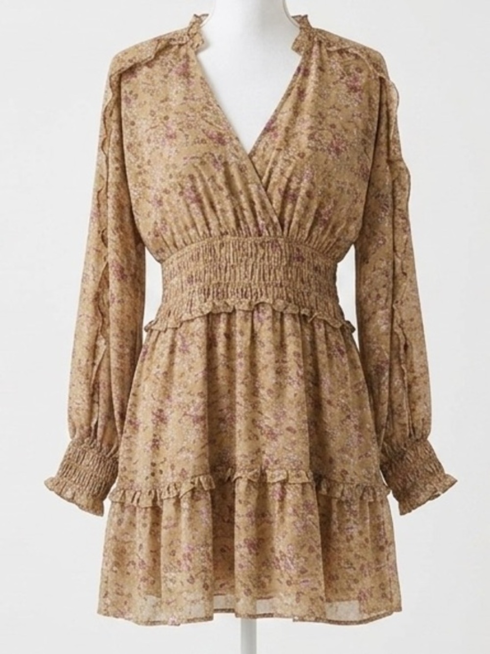Storia Floral Smocked Waist Tiered Mini Dress - Tan/Beige Boho Cottagecore L